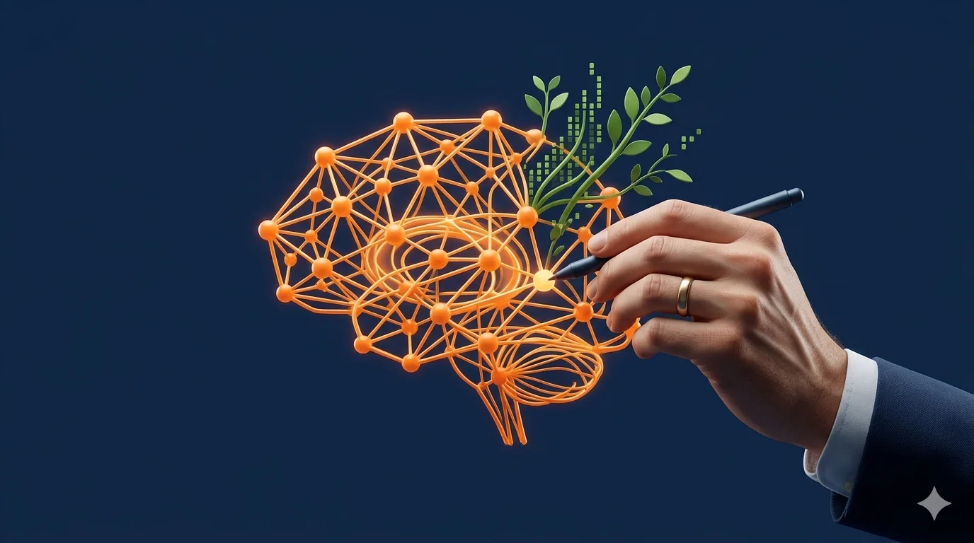 mano ilustrando nodos que forman un cerebro del que crecen unas ramas verdes para ilustrar el pensamiento crítico necesario en una auditoria tecnica y estrategica de seo y geo con los colores corporativos de edu campillo, consultor seo/geo: verde, naranja y añil