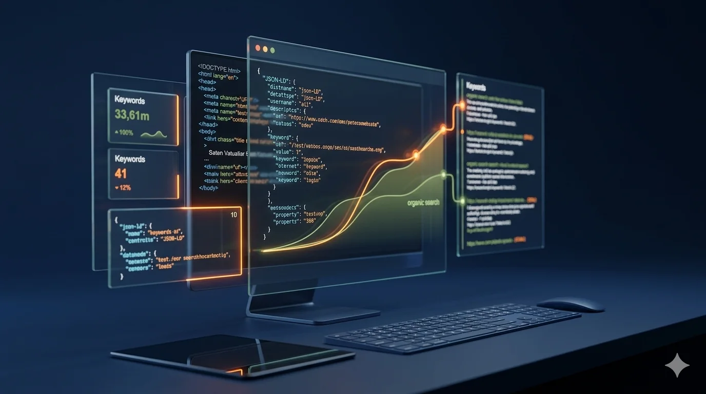 computadora de alta tecnologia con pantallas y graficas de auditoria tecnica de seo y geo con los colores corporativos de edu campillo, consultor seo/geo: verde, naranja y añil